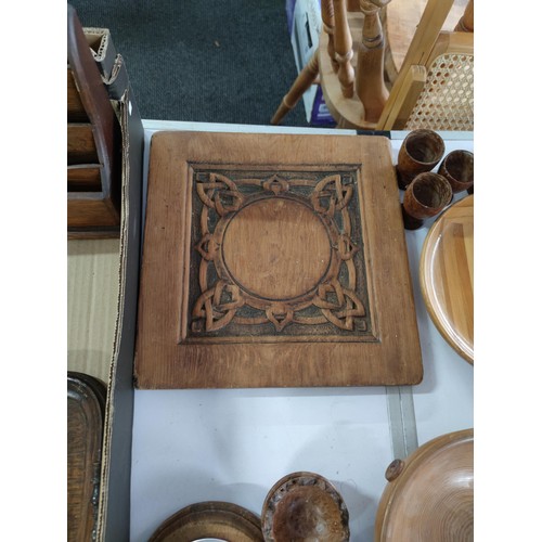 460 - Box of wooden items inc bowls barometer candle sticks, quantity of burr walnut egg cups, art nouveau... 