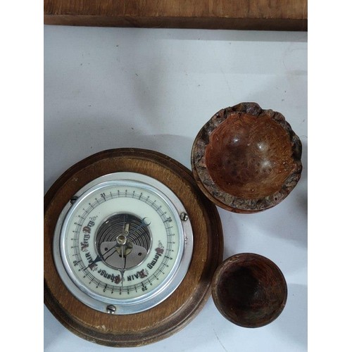 460 - Box of wooden items inc bowls barometer candle sticks, quantity of burr walnut egg cups, art nouveau... 