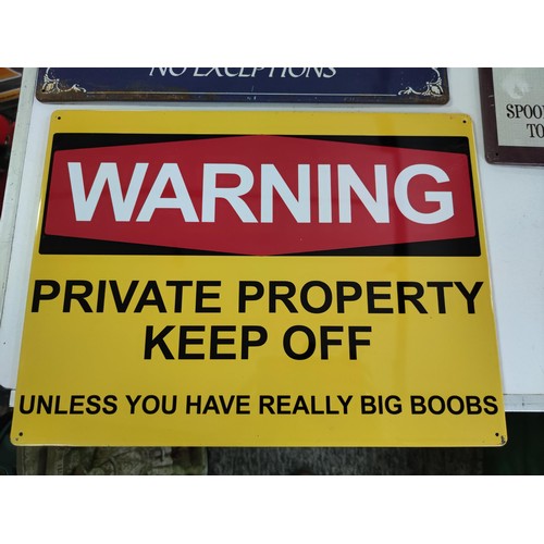 463 - Quantity of 5x comical signs inc Warning private property, Bio Hazard, Hippies use Backdoor, largest... 