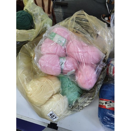 487 - 3x bags conatining a large quantity of knitting wool full, of many colours inc blue, cream, pink,