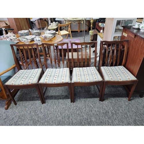 496 - 4 x mahogany dining chairs with blue striped seats all nice and sturdy, Measuring 87cm high, 48cm wi... 