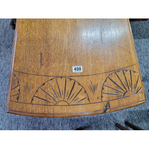 498 - Oak barley twist gate leg table with carvings to top a good sturdy table with very nice patina, meas... 