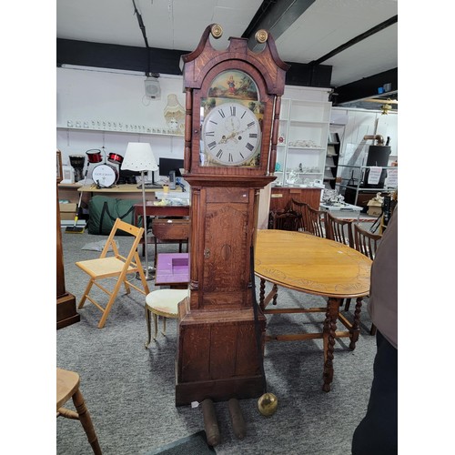 499 - Longcase clock hand painted with great turned pillars with brass caps c19 century with country scene... 