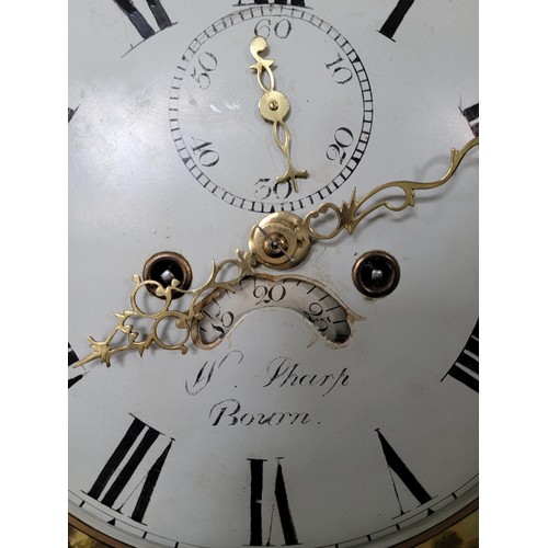 499 - Longcase clock hand painted with great turned pillars with brass caps c19 century with country scene... 