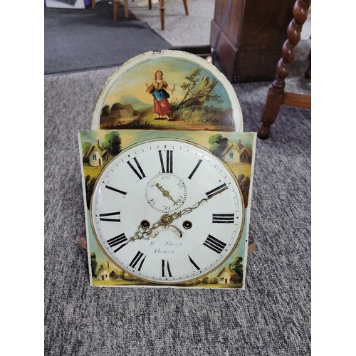 499 - Longcase clock hand painted with great turned pillars with brass caps c19 century with country scene... 