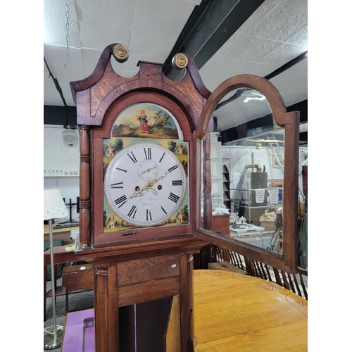 499 - Longcase clock hand painted with great turned pillars with brass caps c19 century with country scene... 