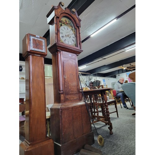 499 - Longcase clock hand painted with great turned pillars with brass caps c19 century with country scene... 