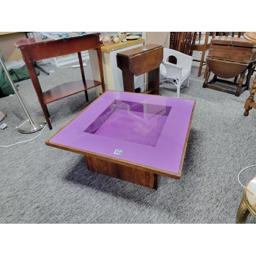 508 - Superb glass topped coffee display table with purple lining to inner with a sunken square hollow gre... 