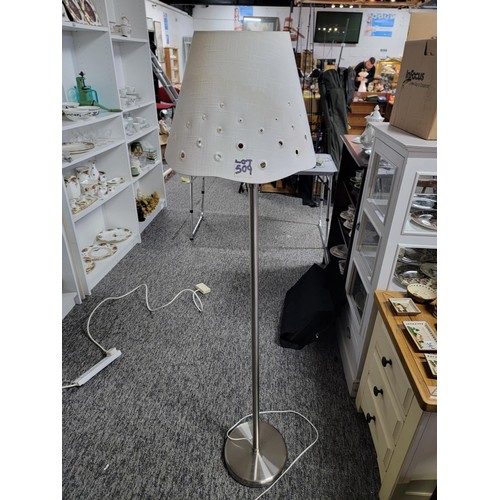 509 - Chrome standard reading lamp extends out for multi positions of the white shade, great condition