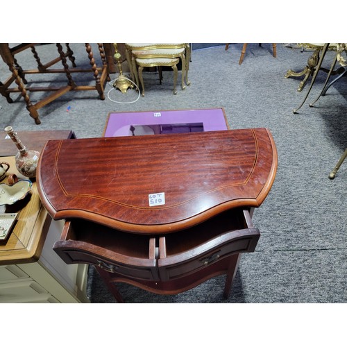 510 - Reproduction Half moon serpentine hall table with two drawers to the front in mahogany, measures 76c... 