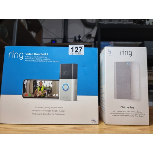 127 - An as new ring video doorbell 3 and an as new ring chime pro bundle, the video doorbell is battery o... 