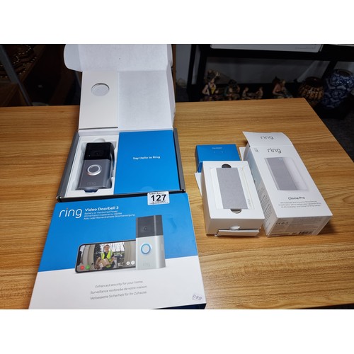 127 - An as new ring video doorbell 3 and an as new ring chime pro bundle, the video doorbell is battery o... 