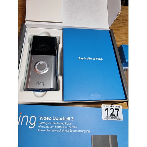 127 - An as new ring video doorbell 3 and an as new ring chime pro bundle, the video doorbell is battery o... 