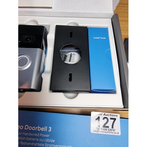 127 - An as new ring video doorbell 3 and an as new ring chime pro bundle, the video doorbell is battery o... 