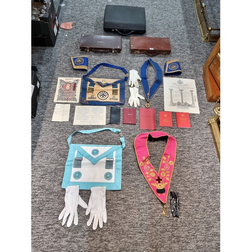 131 - Large qty of Masonic regalia to include 2x Masonic aprons one marked for London, a rose croix degree... 