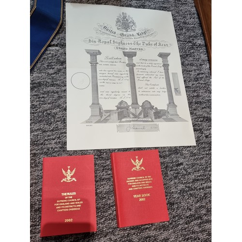 131 - Large qty of Masonic regalia to include 2x Masonic aprons one marked for London, a rose croix degree... 