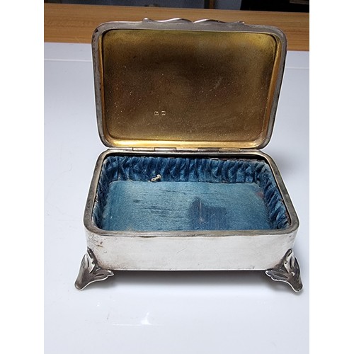 267 - Fine quality hallmarked silver footed trinket box featuring a blue enamel guilloche top. Hallmarked ... 