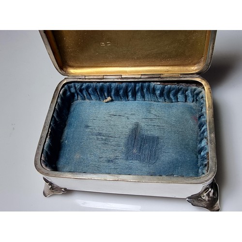 267 - Fine quality hallmarked silver footed trinket box featuring a blue enamel guilloche top. Hallmarked ... 