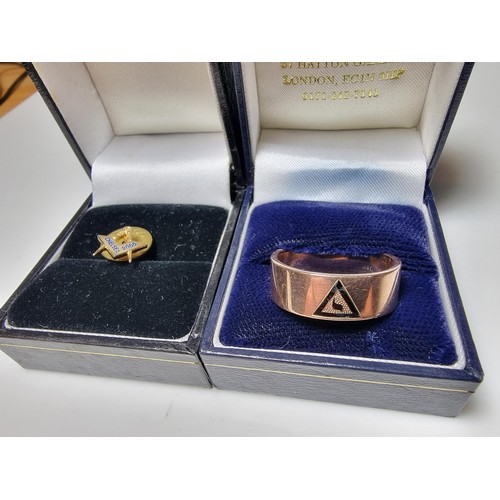 269 - Chunky 10ct. rose gold Masonic Scottish Rite Yod ring in excellent clean condition along with a Maso... 