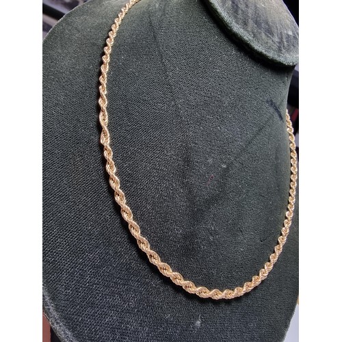 274 - Hallmarked 9ct. yellow gold rope twist neck chain in excellent clean condition. Boxed. Length of 20