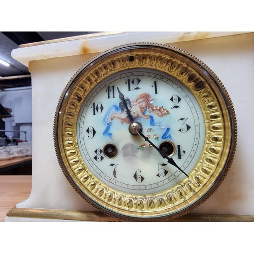 286 - Good quality antique solid white marble cased French mantle clock with gilded accents. Featuring a c... 