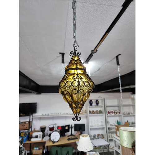 290 - Good vintage Murano amber glass porch light lantern hand-blown within a worked iron frame having an ... 