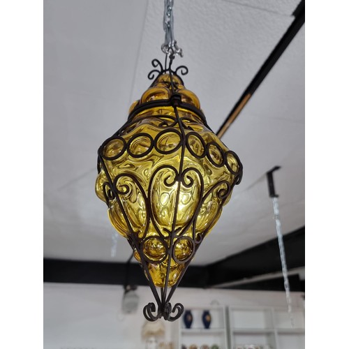 290 - Good vintage Murano amber glass porch light lantern hand-blown within a worked iron frame having an ... 