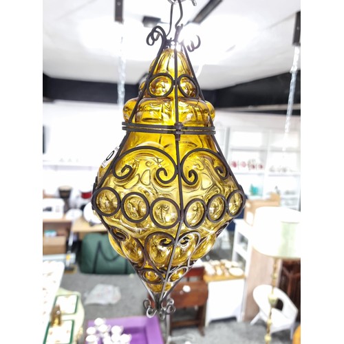 290 - Good vintage Murano amber glass porch light lantern hand-blown within a worked iron frame having an ... 