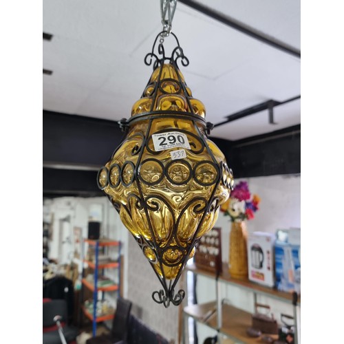 290 - Good vintage Murano amber glass porch light lantern hand-blown within a worked iron frame having an ... 