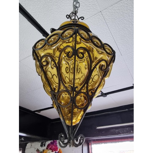 290 - Good vintage Murano amber glass porch light lantern hand-blown within a worked iron frame having an ... 