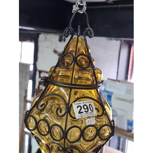 290 - Good vintage Murano amber glass porch light lantern hand-blown within a worked iron frame having an ... 