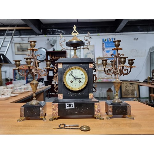 293 - Impressive antique French slate & marble mantle clock standing on claw feet with matching candelabra... 