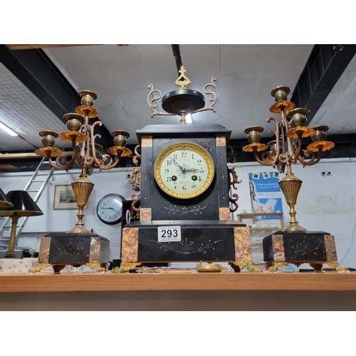 293 - Impressive antique French slate & marble mantle clock standing on claw feet with matching candelabra... 