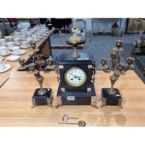 293 - Impressive antique French slate & marble mantle clock standing on claw feet with matching candelabra... 