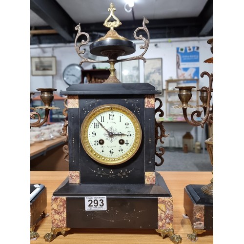 293 - Impressive antique French slate & marble mantle clock standing on claw feet with matching candelabra... 