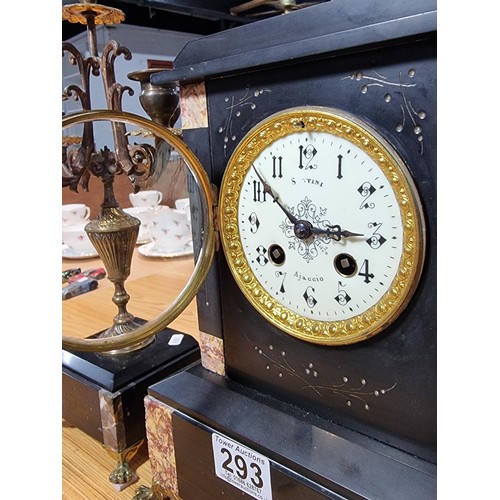 293 - Impressive antique French slate & marble mantle clock standing on claw feet with matching candelabra... 