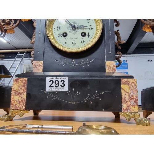 293 - Impressive antique French slate & marble mantle clock standing on claw feet with matching candelabra... 