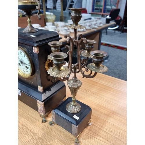 293 - Impressive antique French slate & marble mantle clock standing on claw feet with matching candelabra... 