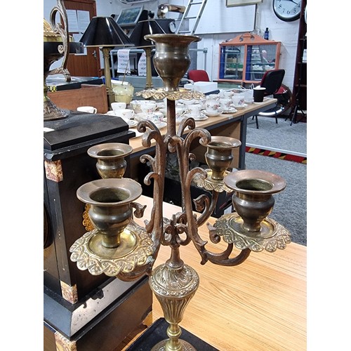 293 - Impressive antique French slate & marble mantle clock standing on claw feet with matching candelabra... 