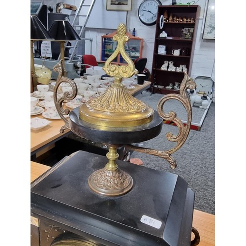 293 - Impressive antique French slate & marble mantle clock standing on claw feet with matching candelabra... 