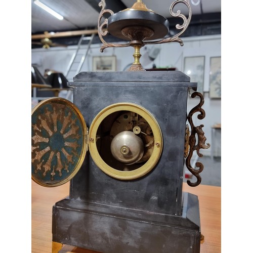 293 - Impressive antique French slate & marble mantle clock standing on claw feet with matching candelabra... 