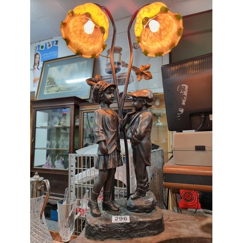 296 - Tall impressive figural lamp featuring cast resin bronze of boy & girl figure, with a two division l... 