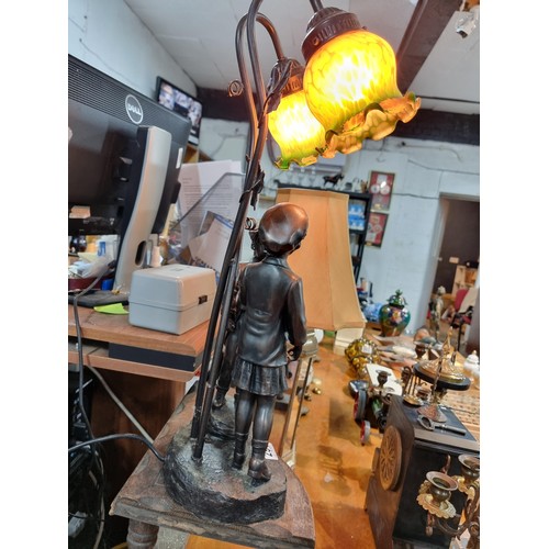 296 - Tall impressive figural lamp featuring cast resin bronze of boy & girl figure, with a two division l... 