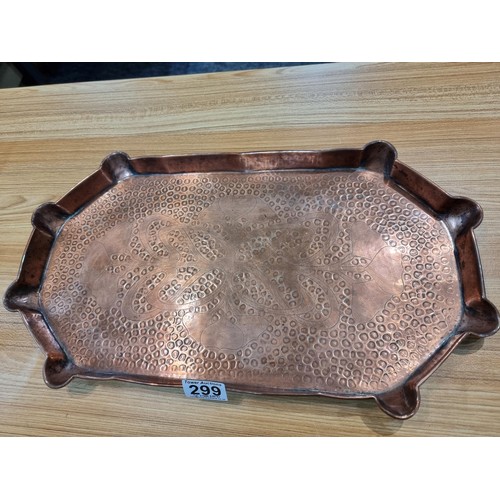 299 - Impressive antique hand beaten copper tray with an engraved Art Nouveau design to the centre by Eust... 