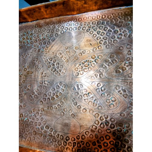 299 - Impressive antique hand beaten copper tray with an engraved Art Nouveau design to the centre by Eust... 