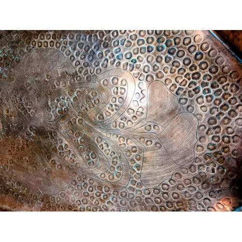 299 - Impressive antique hand beaten copper tray with an engraved Art Nouveau design to the centre by Eust... 