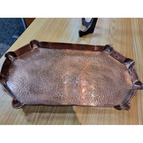 299 - Impressive antique hand beaten copper tray with an engraved Art Nouveau design to the centre by Eust... 