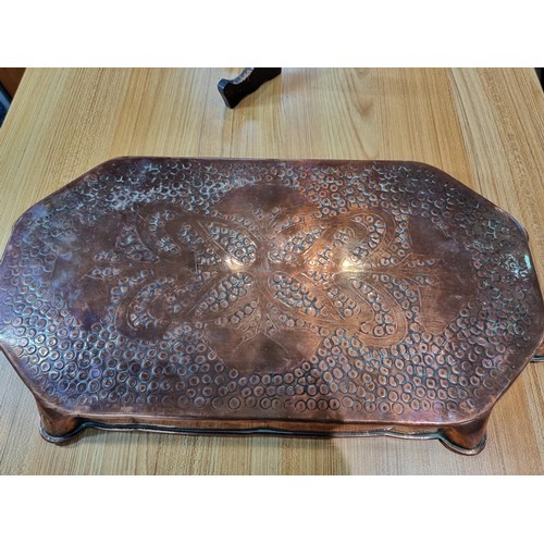 299 - Impressive antique hand beaten copper tray with an engraved Art Nouveau design to the centre by Eust... 