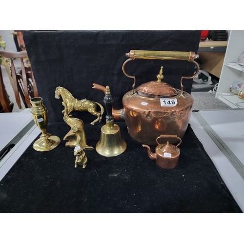 148 - 5x brass collectables inc horse, bell, vase, rabbit etc all in good order, along with a large copper... 