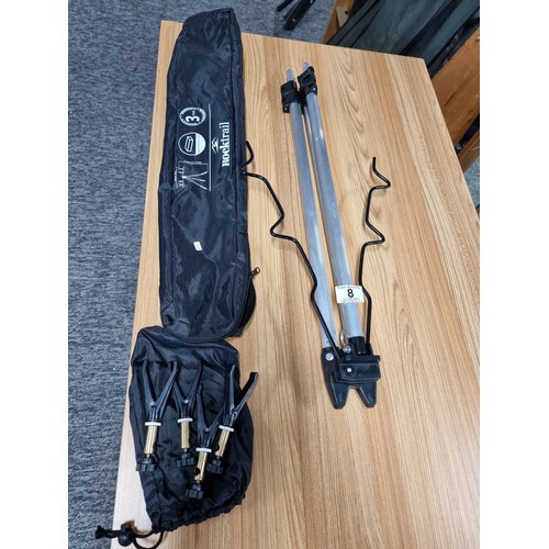 8 - A Rocktrail extendable aluminium fishing rod rest tripod with 4 rests and in good condition, cased.